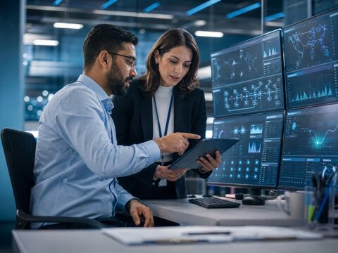 Cybersecurity analysts using tablet in security operations center, data monitoring and network protection concept