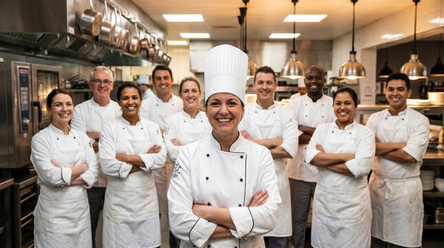 confident head chef stands with crossed arms in front of diverse, smiling kitchen team in busy commercial restaurant, conveying teamwork, professionalism, culinary expertise, hospitality service