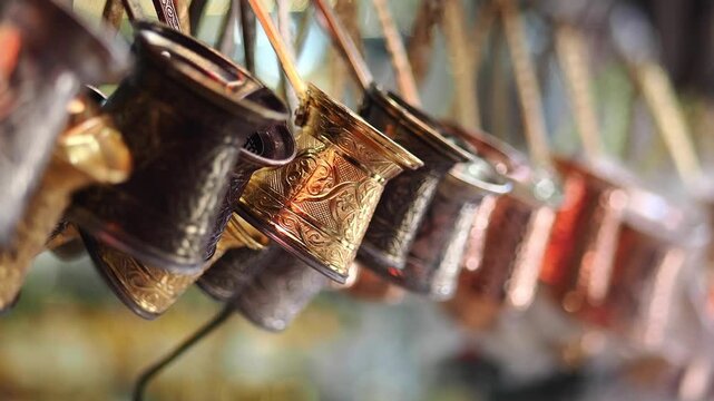 Traditional Engraved Metal Coffee Pots Displayed in a Row