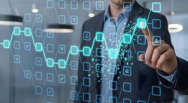Business professional in office interacts with glowing blue digital line graph touching square data point. Conceptual technology image symbolizes data analytics, financial forecasting, business