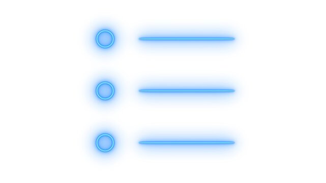 Glowing neon list or menu icon isolated on transparent background. Bullet points. Checklist. UI navigation. Options button. Task management. Organizer Sign.