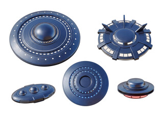 A diverse and detailed collection of various modern 3D rendered UFOs and flying saucers. © John