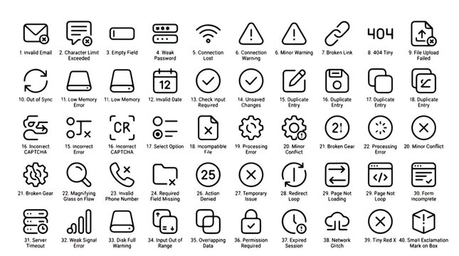 Collection of 40 error icons for interface design and development including warnings alerts and notifications for websites and applications