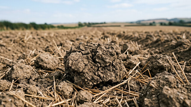 wheat field after harvest in moring. close-up macro of cracked earthy soil clods and golden straw stubble, ground-level view with one prominent dirt clump in sharp center foreground.