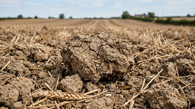 wheat field after harvest in moring. close-up macro of cracked earthy soil clods and golden straw stubble, ground-level view with one prominent dirt clump in sharp center foreground.