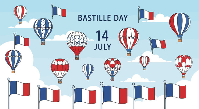 Bastille Day Celebration: French Flags and Hot Air Balloons Flying in Blue Sky