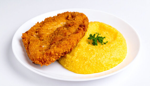 Bahamian Fried Fish with Grits on White Background