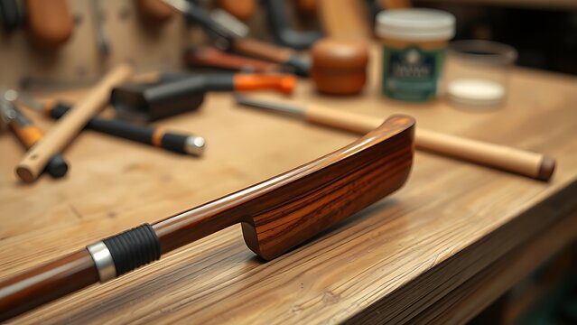 luthier. Violin bow on luthier's workbench with smooth pernambuco wood grain. safety posters, maintenance manuals, designed for precision metalworking and fabrication facilities.