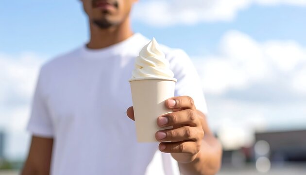Man in white shirt holding ice cream cup outdoors on sunny day