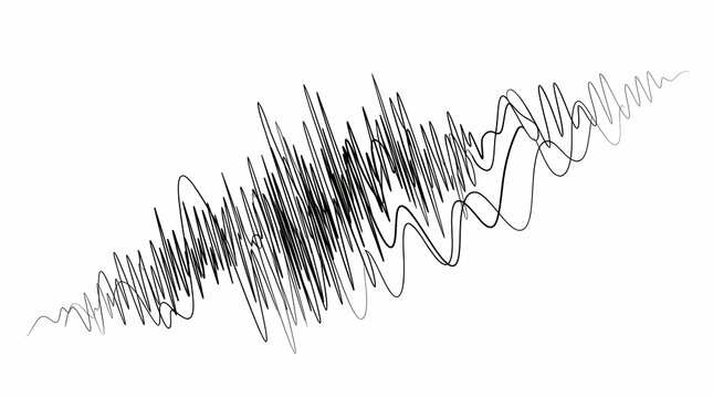 A dynamic, hand-drawn black and white squiggly line pattern abstractly illustrates a fluctuating waveform or disturbance, isolated on a clean white background.