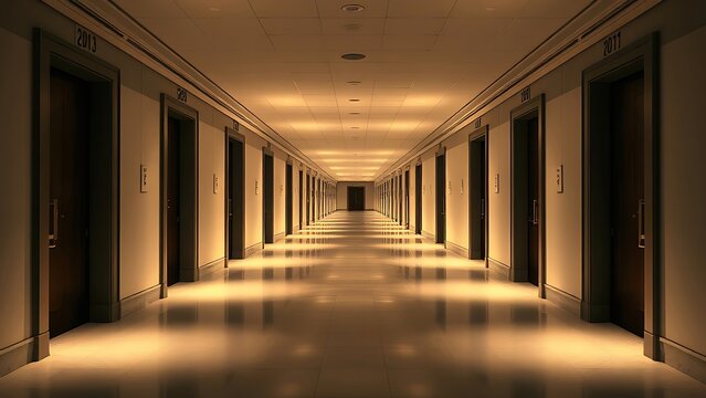 unimpressive. Endless corridor with identical numbered doors, symmetrical architecture. real-estate listings, architecture portfolios, designed for interior renovation comparisons for interiors.