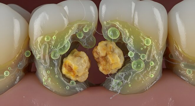 Detailed Visualization of Bacterial Growth from Food Debris Between Teeth Leading to Oral Infection and Plaque Formation