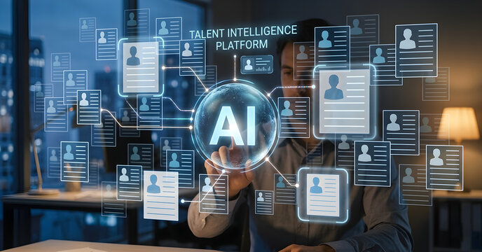 Professional interacts with transparent digital interface showing AI surrounded by icons and text talent intelligence platform in office setting. Conceptual HR image symbolizes artificial intelligence