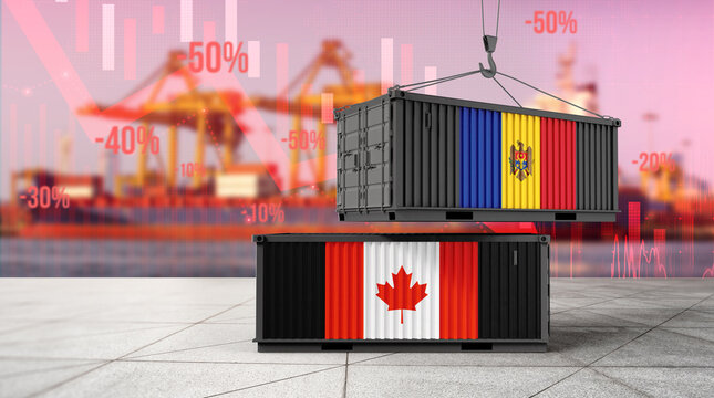 Trade Decline: A container, adorned with the Canadian and Moldovan flags, symbolizing the economic challenges and trade decline between two nations.