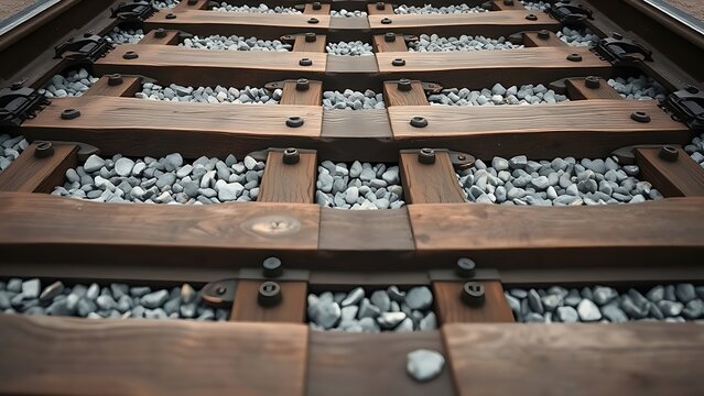 trackbed. Top-down view of railway sleepers and ballast stones in a geometric pattern. mobility guides, transit brochures, designed for mobility and urban transit guides, used by biotech researchers.