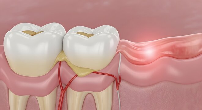 Close Up Dental View of Inflamed Gum with Localized Infection and Swelling Around Tooth Structure