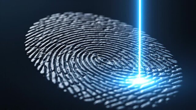 Close‑up fingerprint illuminated by bright blue laser beam, symbolizing biometric identification, security authentication, and forensic technology visualization.
