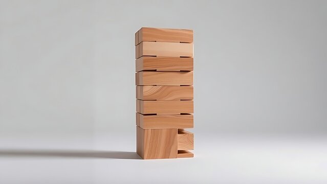 questioningly. Tall tower of wooden blocks with one block at base being pulled out. lifestyle magazines, social media lookbooks, designed for lifestyle magazines and social media content.