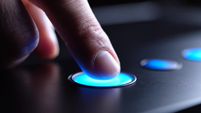 Close‑up finger pressing glowing blue button on dark surface, symbolizing human‑technology interaction, activation, control, and digital decision‑making.