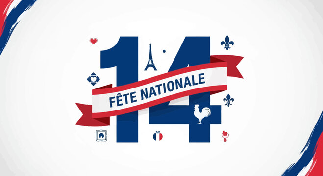 France National Day 14 July Celebration, Eiffel Tower and Rooster Icon, White Background