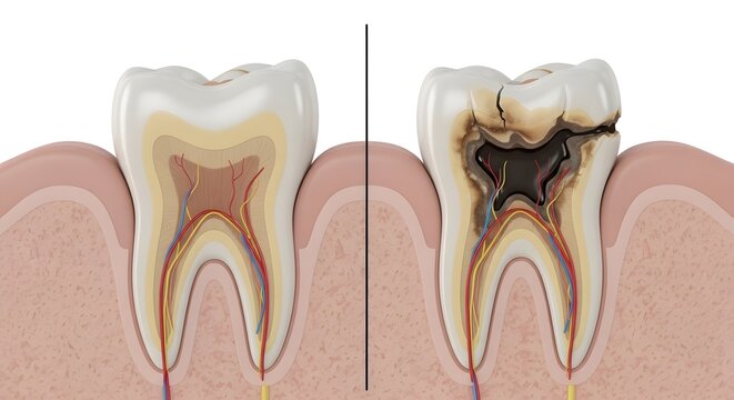 Side by Side Comparison of Healthy Tooth and Decayed Tooth Showing Cavities and Structural Damage in Dental Concept