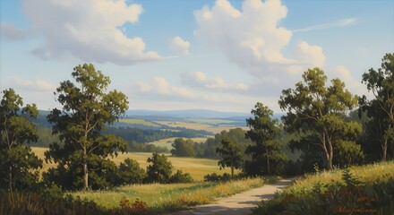 Obraz premium Scenic Landscape Painting of a Sunny Day with Clouds and Trees.