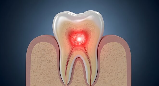 Tooth Root Infection with Inflamed Pulp Highlighting Internal Nerve Pain and Deep Dental Infection Concept