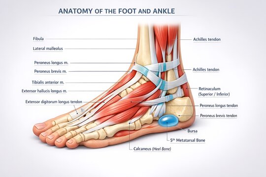 Detailed anatomical illustration of the human foot and ankle with foot care