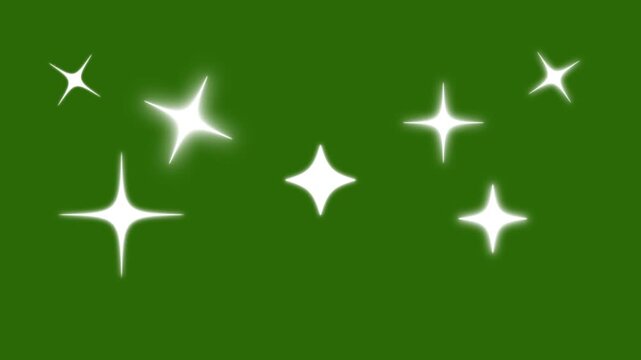 Sparkling twinkle stars animation with white cartoon doodle design, flat vector blinking glitter light effect, glowing shine stars on green screen, festive overlay