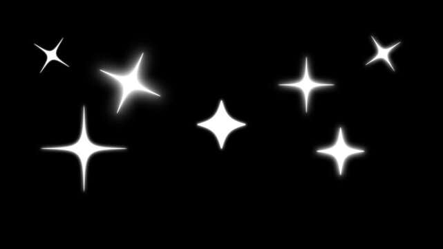 Sparkling star twinkle animation with white cartoon doodle stars, flat vector blinking glitter light effect, glowing shine stars on black screen background overlay