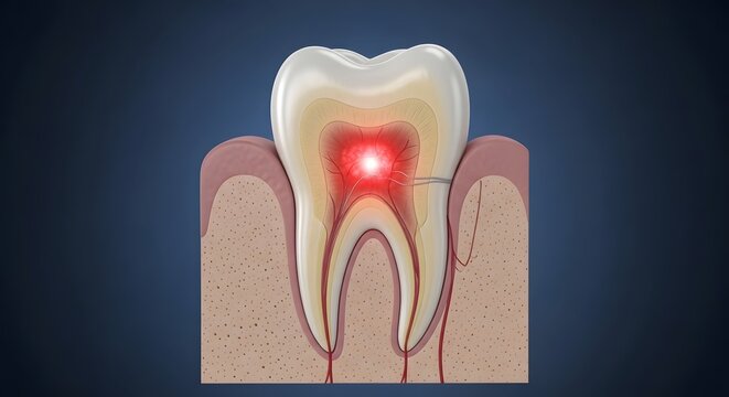 Advanced Tooth Root Infection with Severe Pulp Damage and Internal Nerve Pain in Detailed Dental Medical Illustration