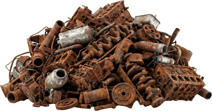 Pile of old rusty engine parts including engine blocks crankshafts and gears showcasing decay and scrap metal machinery automotive grunge automobile discarded iron steel corroded
