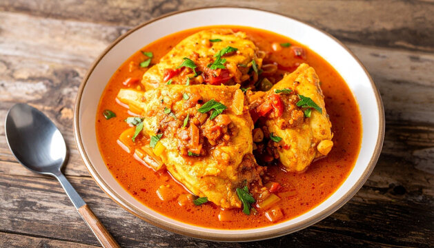 Bahamian Stew Fish with Tomato Sauce on Wooden Table