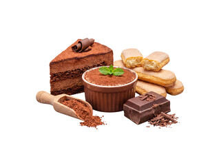 Decadent chocolate cake slice, classic tiramisu, ladyfingers, cocoa powder, and chocolate on transparent background. © Ly