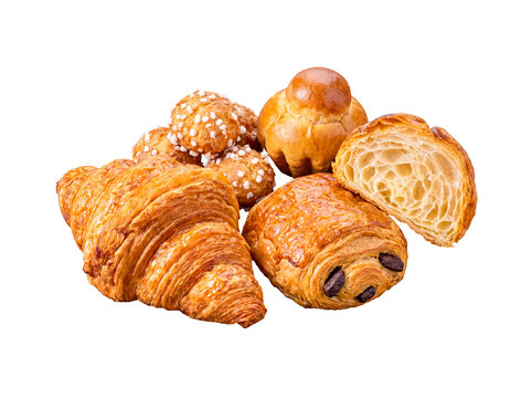 Assorted freshly baked French pastries including croissants, pain au chocolat, and brioche, isolated raster photo.