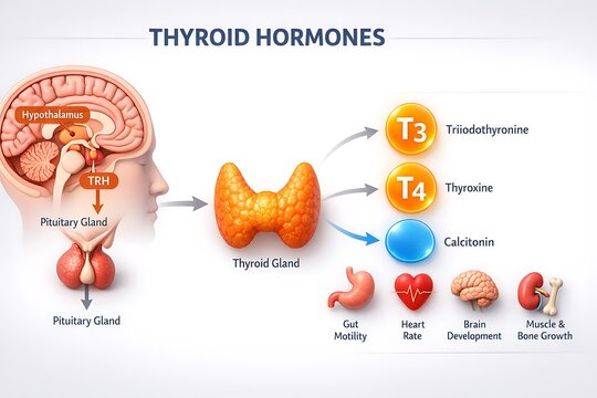 Thyroid hormones and brain function diagram with hormones, endocrine