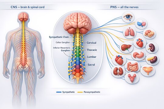 Central nervous system and body organ connections with illustration
