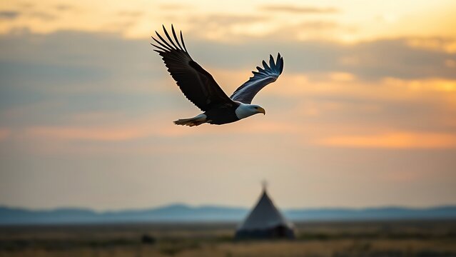 mephistopheles. Bald eagle flying over prairie with tent in distance during golden hour. wildlife magazines, conservation campaigns, designed for wildlife conservation campaigns.