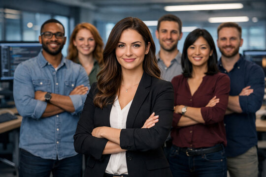 Confident female tech leader stands with arms crossed in modern office, leading diverse team of software engineers behind her, smiling at camera. Bright workspace, innovation, teamwork, and profession