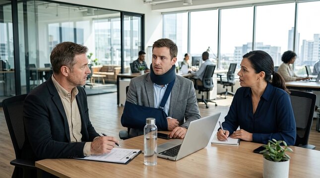 Injured man in neck brace and arm sling discusses legal case with lawyers in modern office.