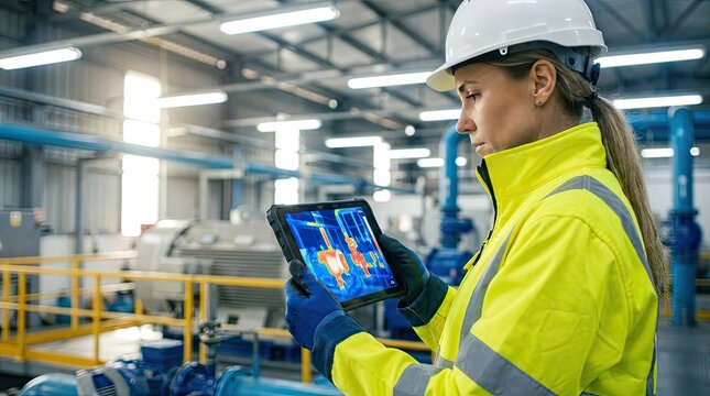Female engineer using thermal imaging camera on digital tablet in industrial manufacturing.