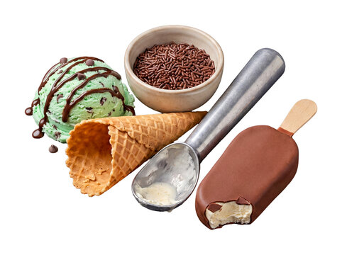 Mint chocolate chip ice cream scoop, chocolate-covered popsicle, cone, and sprinkles raster photo.