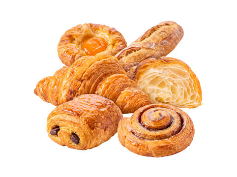 Assortment of fresh French bakery pastries and baguette bread, including croissant, pain au chocolat, and Danish.