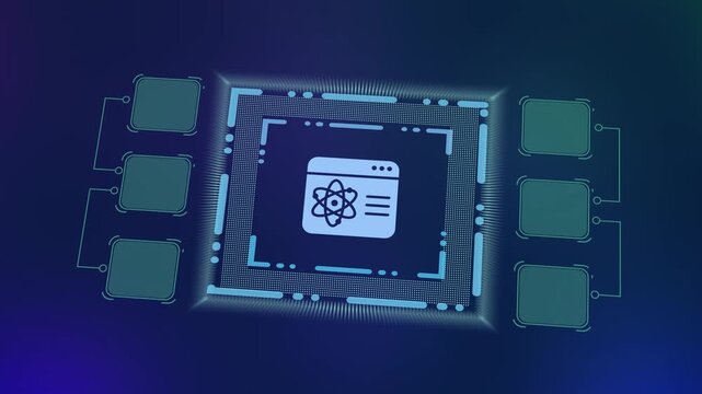Web development microchip displaying browser interface and science atom icon for quantum computing and software engineering.