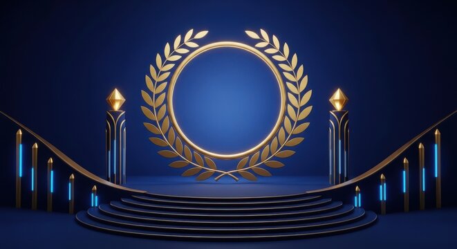 Golden laurel wreath on a blue stage with futuristic elements