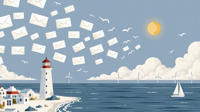 Seaside landscape with lighthouse and flying envelopes resembling birds.