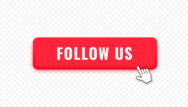 red follow us web button with white pointer cursor icon