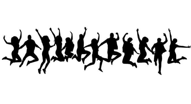 Silhouettes of people dancing in a line isolated on transparent background, Vector