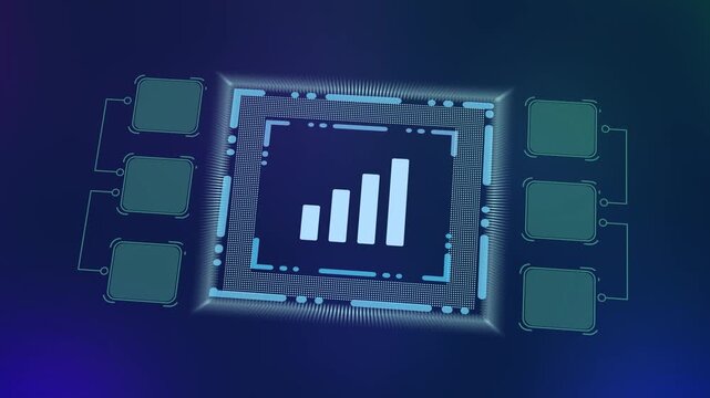 Futuristic microchip processing data stream bars representing high speed network bandwidth and cloud computing power.