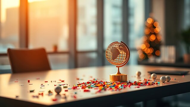 population. Gold globe lamp with confetti on modern office desk. pitch deck slides, case study pages, designed for corporate presentation decks and stakeholder reports, used by marketing managers.